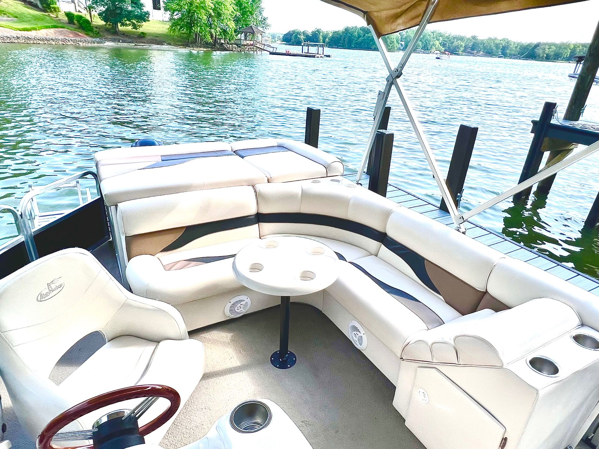Guests gathered aboard a Lake Wylie pontoon